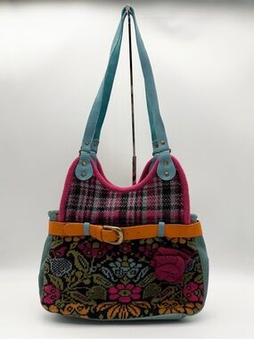 IVKO Boho Chic Hipster Knit Suede Shoulder Bag Flower Accent Zip Multicolored